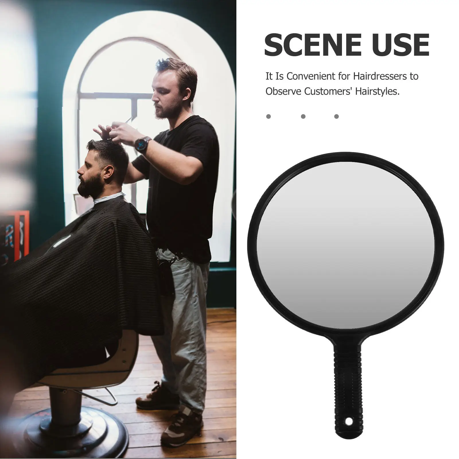 

Large Round Hand Mirror Handheld Salon Barber Hairdresser Portable Makeup Mirror Ergonomic Handle Self Haircut Styling Tool