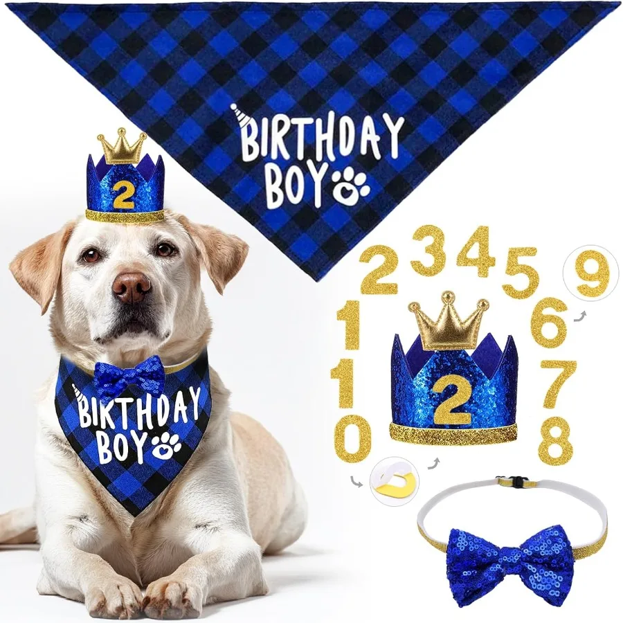 

Собака День Рождения tion Supplies Синяя шляпа на день рождения для щенка Корона с номерами Бандана арф с галстуком-бабочкой для средних и больших домашних животных M L