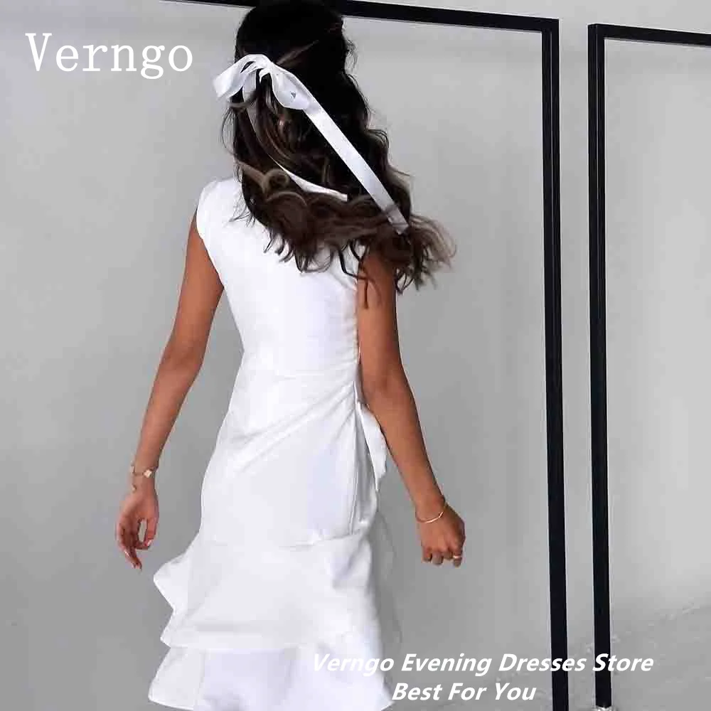 Verngo White Prom Gowns O Neck Sleeveless Short Party Dress 3D Flowers Formal Occasion Dress Saudi Arabic Outfit