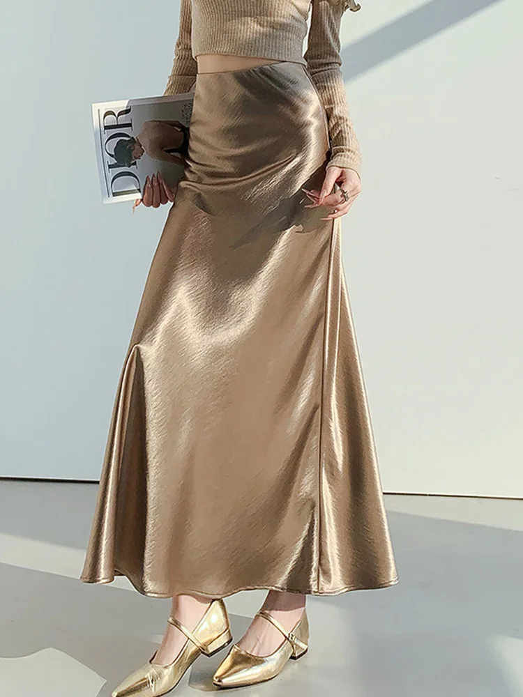 Chic Satin Long Skirt Women Elegant Loose High Waist Fashion Skirts Korean Casual Spring Summer Sweet Solid Trumpet Long Skirts