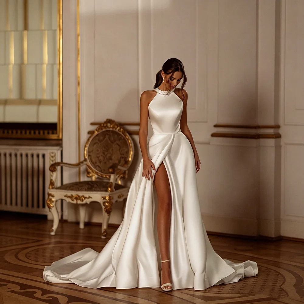 Satin Wedding Dress Halter Neck Pearl Collar Big Bow Open Back High Slit A-Line Bridal Gown Long Train Wedding Bridal Party 2026