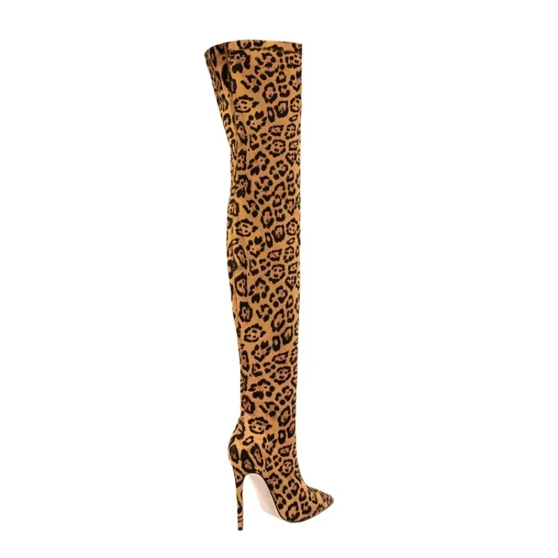 Plus Size Shoes 47 45 43 2024 New Fashion Sharp Pointed Leopard Print Knee High Boots for Women Elegant High Heels Elastic boots