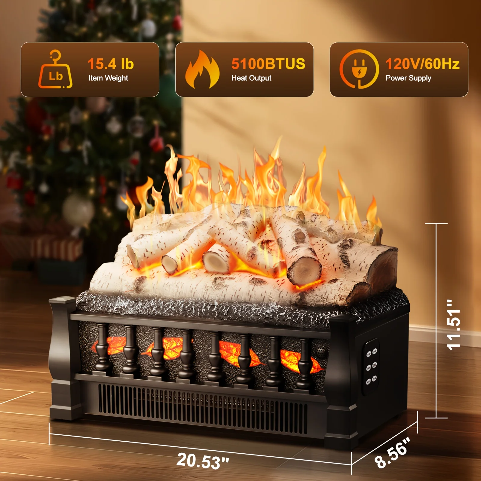 

20" Electric Fireplace, 2 Heating Modes & 30s Fast Heating, Simulated Nature Sounds, 5 Flame Brightness&Speed, 8H Timer, With