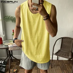 INCERUN Men Tank Tops Solid O-neck Sleeveless Summer Casual Male Vests Streetwear 2024 Loose Breathable Fashion Men Clothing