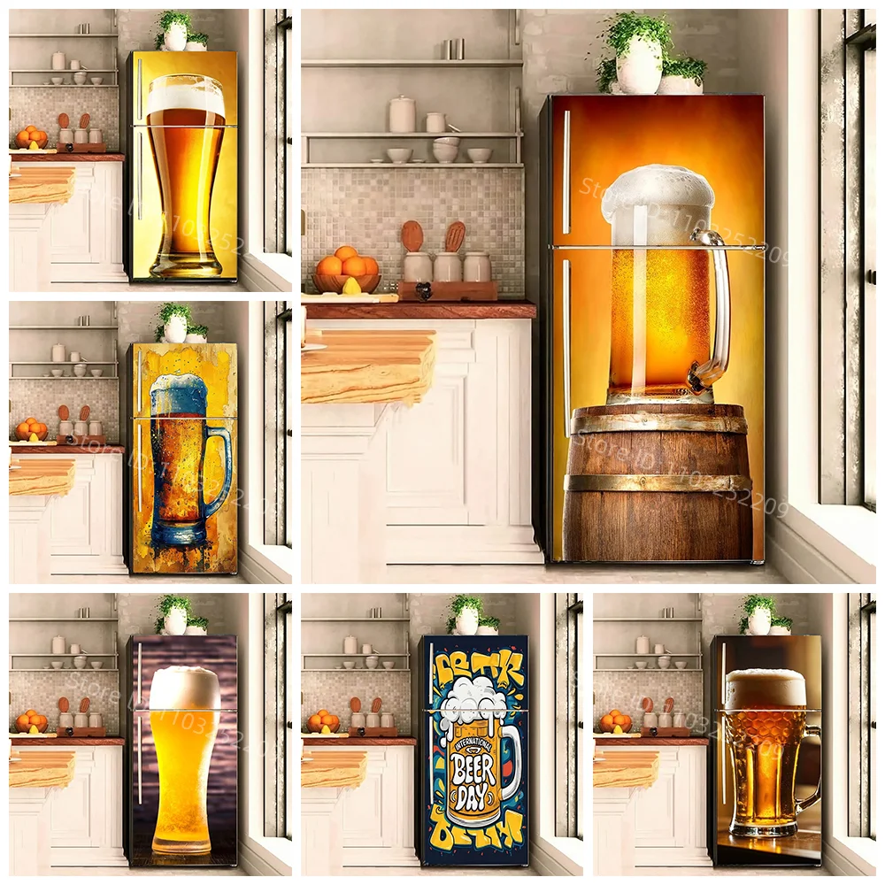 Bubble Beer 3D Refrigerator Sticker SelfAdhesive Wallpaper Home Decoration Kitchen Poster Freezer Beer Decal fridge Door