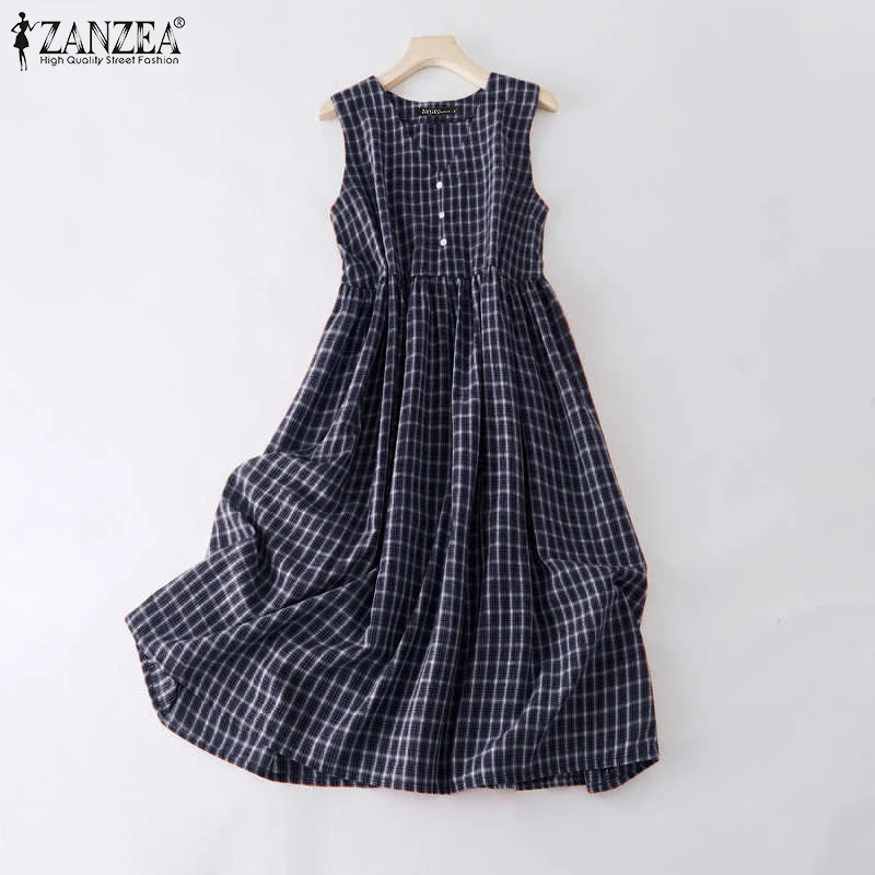 ZANZEA Bohemian Lange Kleid Sommer Frauen Ärmellose Vintage Plaid Sommerkleid Mode V-ausschnitt Beiläufige Lose A-Line Vestidos Robe