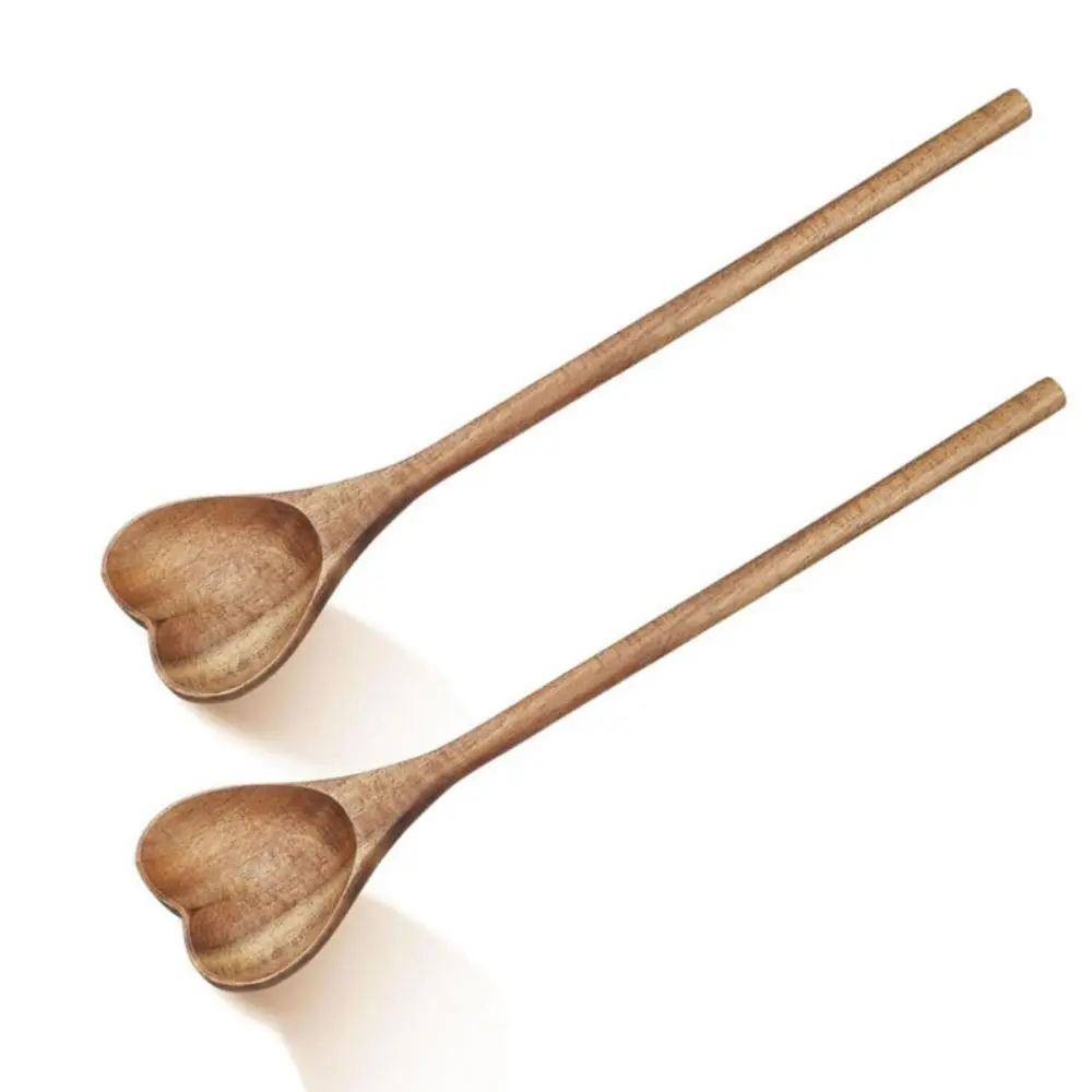 Portable Premium Love Wooden Spoon Long Handle Wooden Heart Spoons Simple Ergonomic Design Teaspoon For Tea Honey Desserts