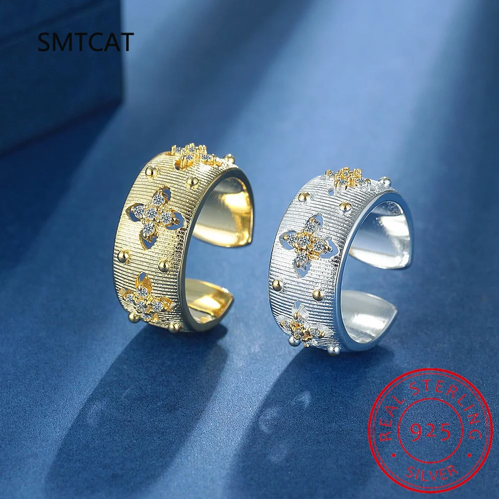 

925 Sterling Silver Four Leaf Flower Rings for Women Chic Hollow Zircon Opening Ins Finger Ring Wedding Luxury Jewelry Anillos