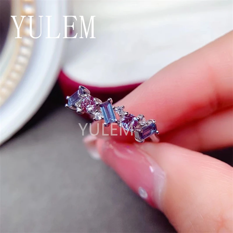 YULEM Change Color Alexandrite Ring with 925 Sterling Silver Engagment Wedding Jewelry for Women Anniversary Gift
