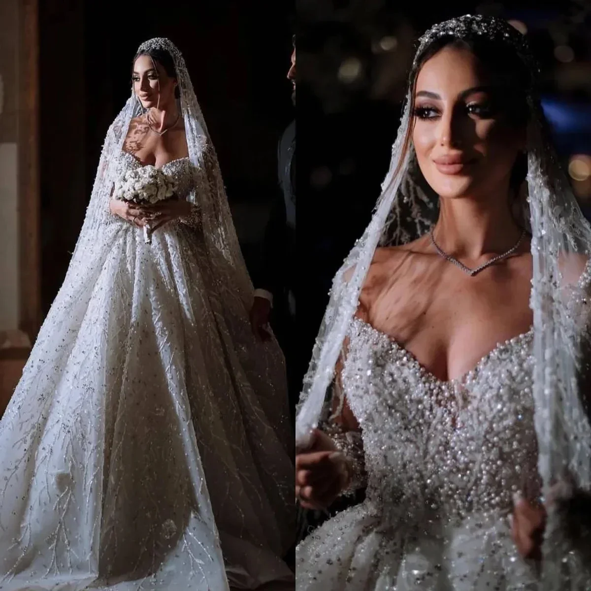 Personalizado sexy querida completa pérolas contas a linha vestidos de casamento robe de casamento trem varredura mangas compridas vestidos de noiva