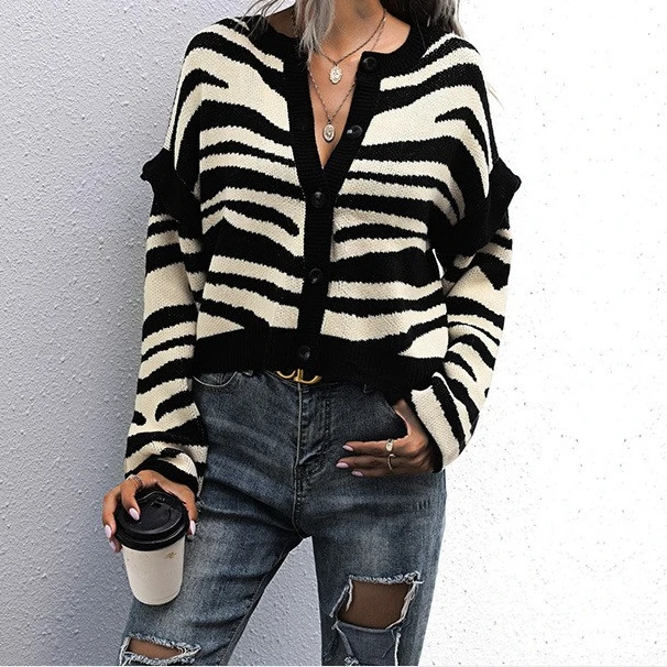 

2023 New Arrivals Women's Fashion Fall/Winter Lazy Casual Style Cardigan, Knitted Sweater Jacket, Striped Zebra Elegant