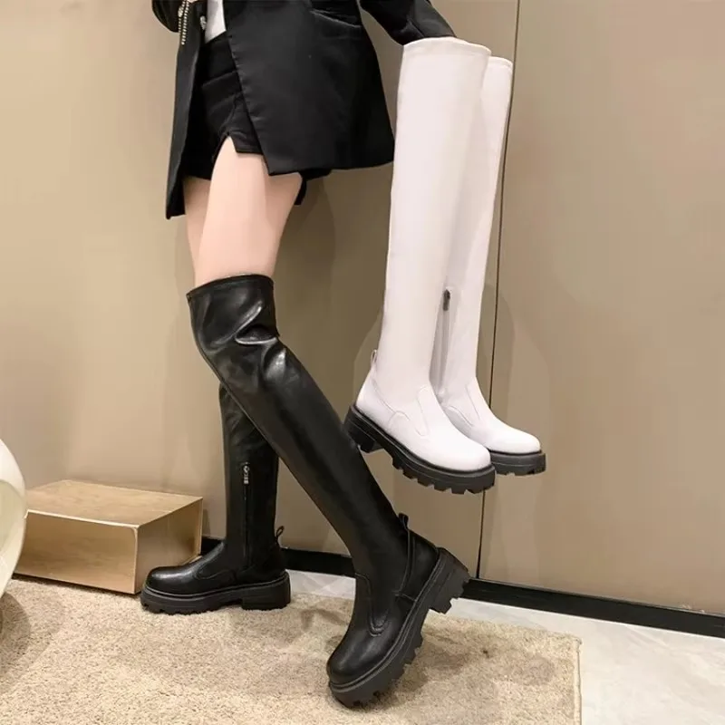 

Women Over The Knee Boots Round Toe Platform Thick Sole Black Long Boots Smooth Upper Side Zipper Fall Winter Daily Footwear