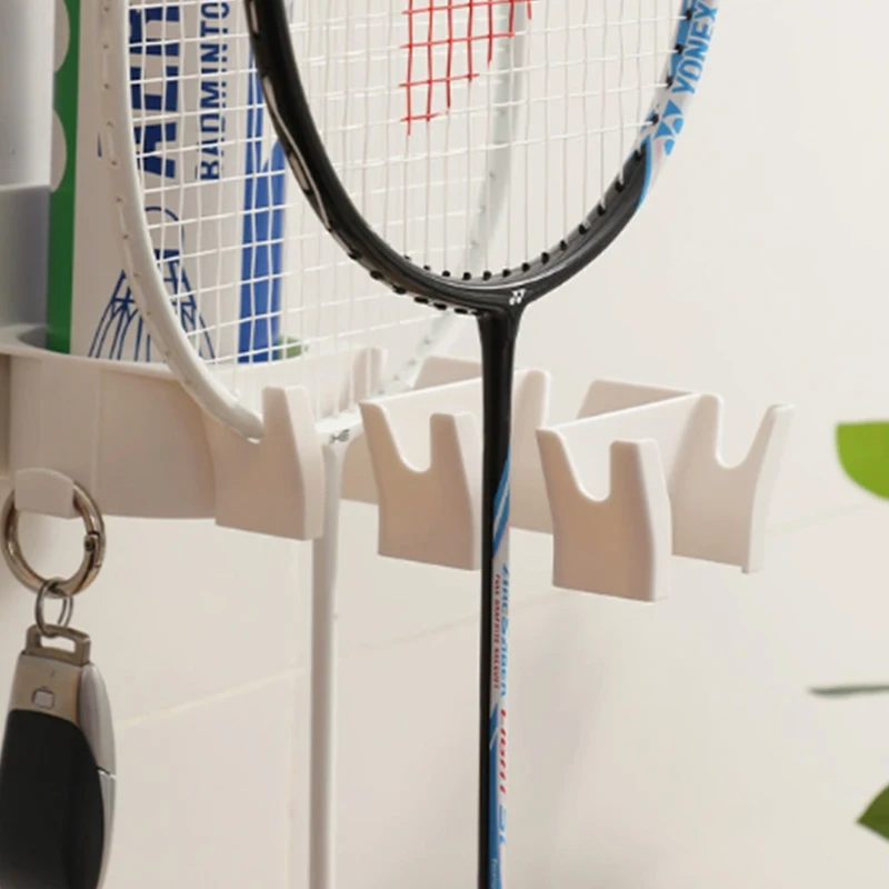 Wandmontierter Badminton-Schlägerhalter mit Ballaufhängung, 3-Fach Aufbewahrungsregal für Tennis, Pickleball, Tischtennis - Bohrfreie Installation