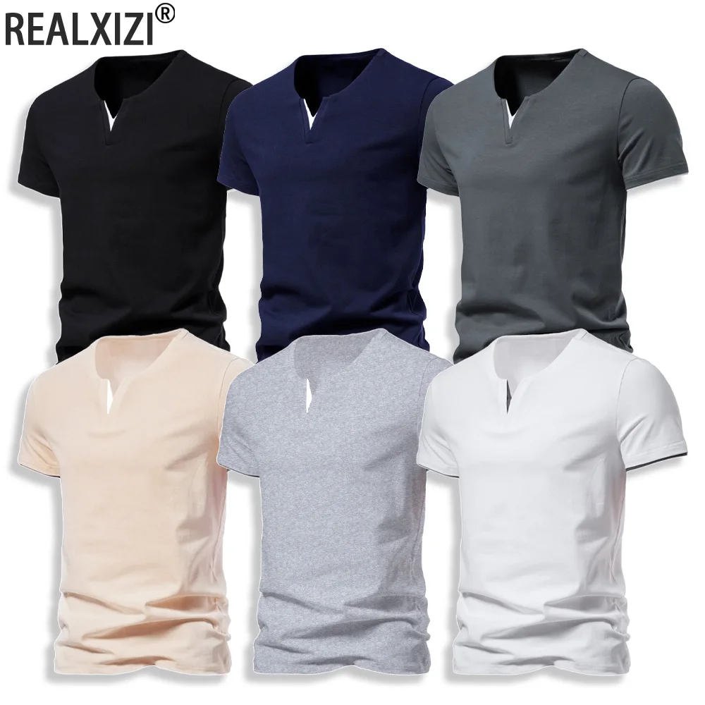 Men's Henley V-neck Casual T-shirts Summer Solid Color Slim Fit Short Sleeve Male Breathable Daily Tops Tees Loose Sports Top