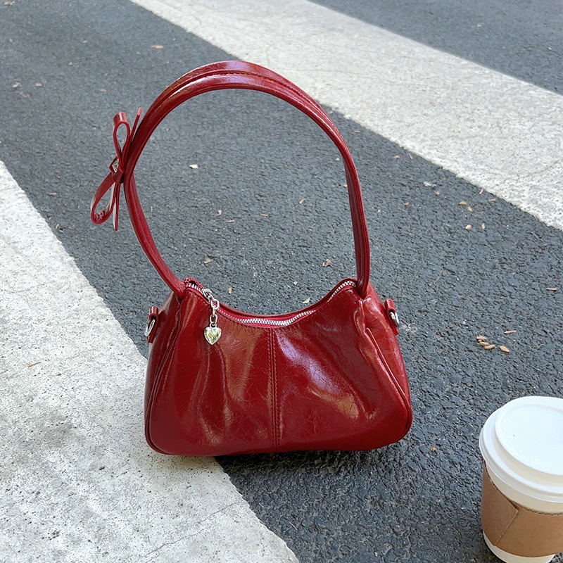 Wine Red PU Underarm Bag For Women New Chic Bow Design Temperament Commute One Shoulder Handbag Fashion Trend Party Small Bags