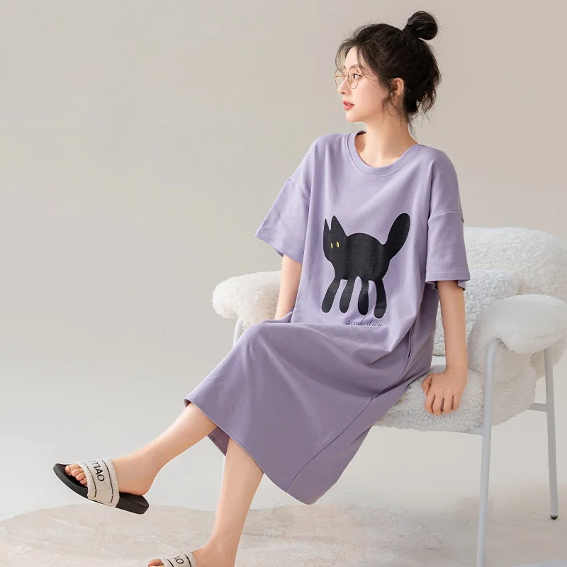 

Cute Cotton Nightgown for Women Summer Short Sleeve Night Dress Loose Cartoon Girls Sleep Dress