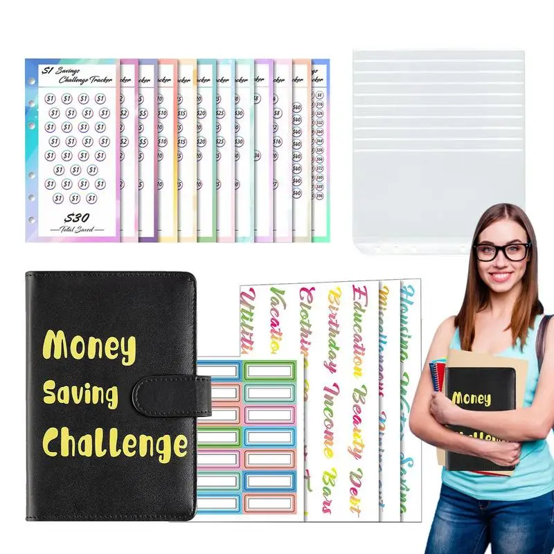 Money Saving Binders For Cash 100 Envelope Challenge Binder Inserts A6 Size Solid PU Leather Cash Savings Challenge Book