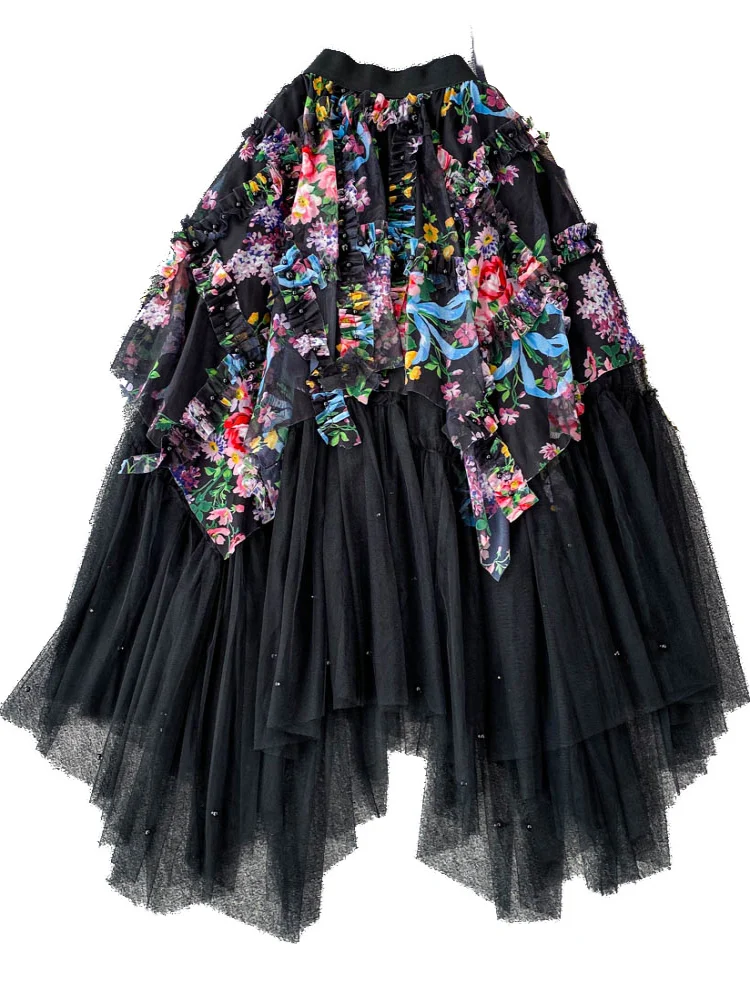 Elegant French Retro Beaded Sweet Printed Gauze Korean Floral A-line Skirt Women's Summer High Waist Irregular Princess Skirts