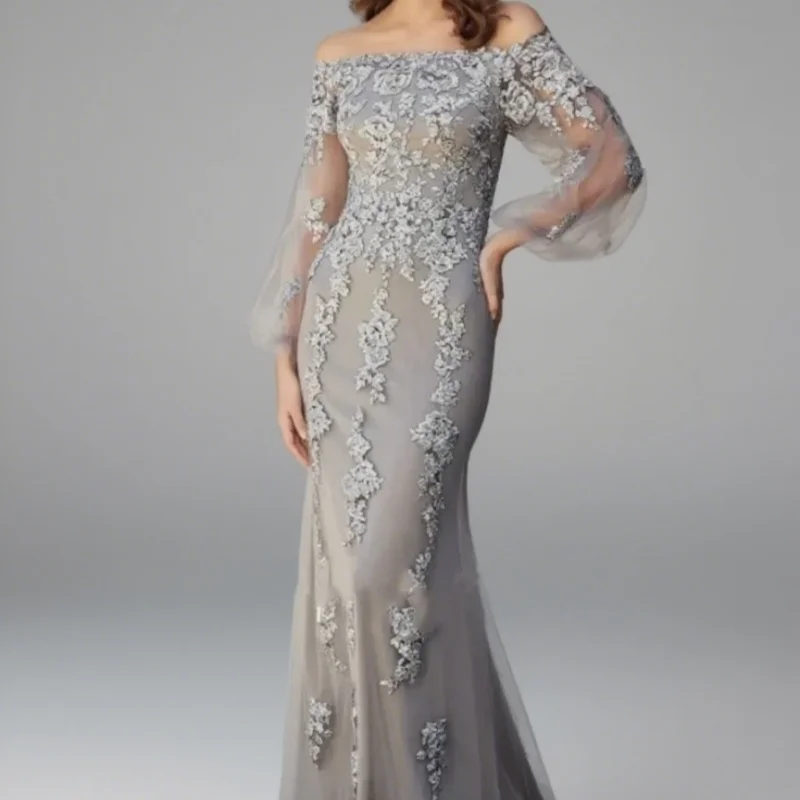 

Mother Of The Bride Dresses Off Shoulder Long Sleeves Wedding Guest Dress Elegant Gray Lace Mermaid Customized