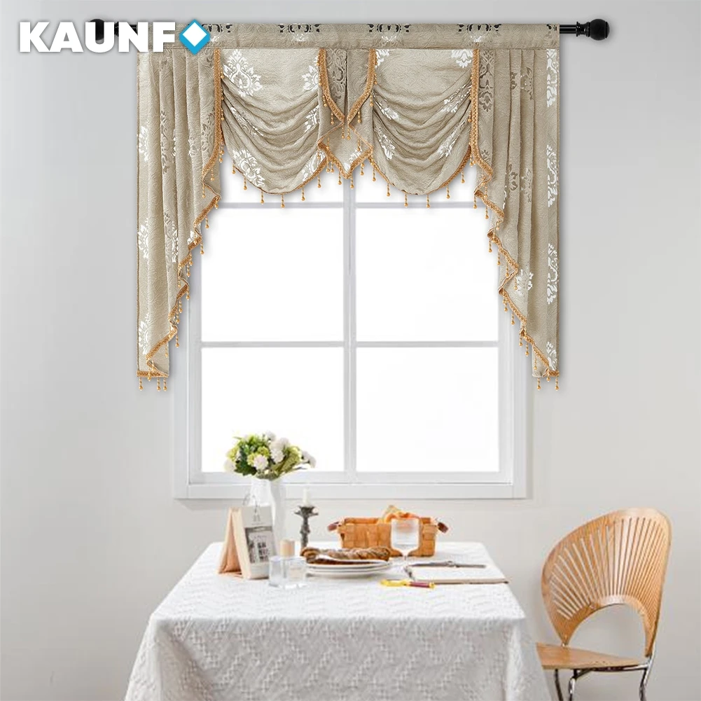 

KAUNFO Rod Pocket Curtain Valance Beige Jacquard Floral Curtain Head for Living Room Bedroom 155x125cm 1PC