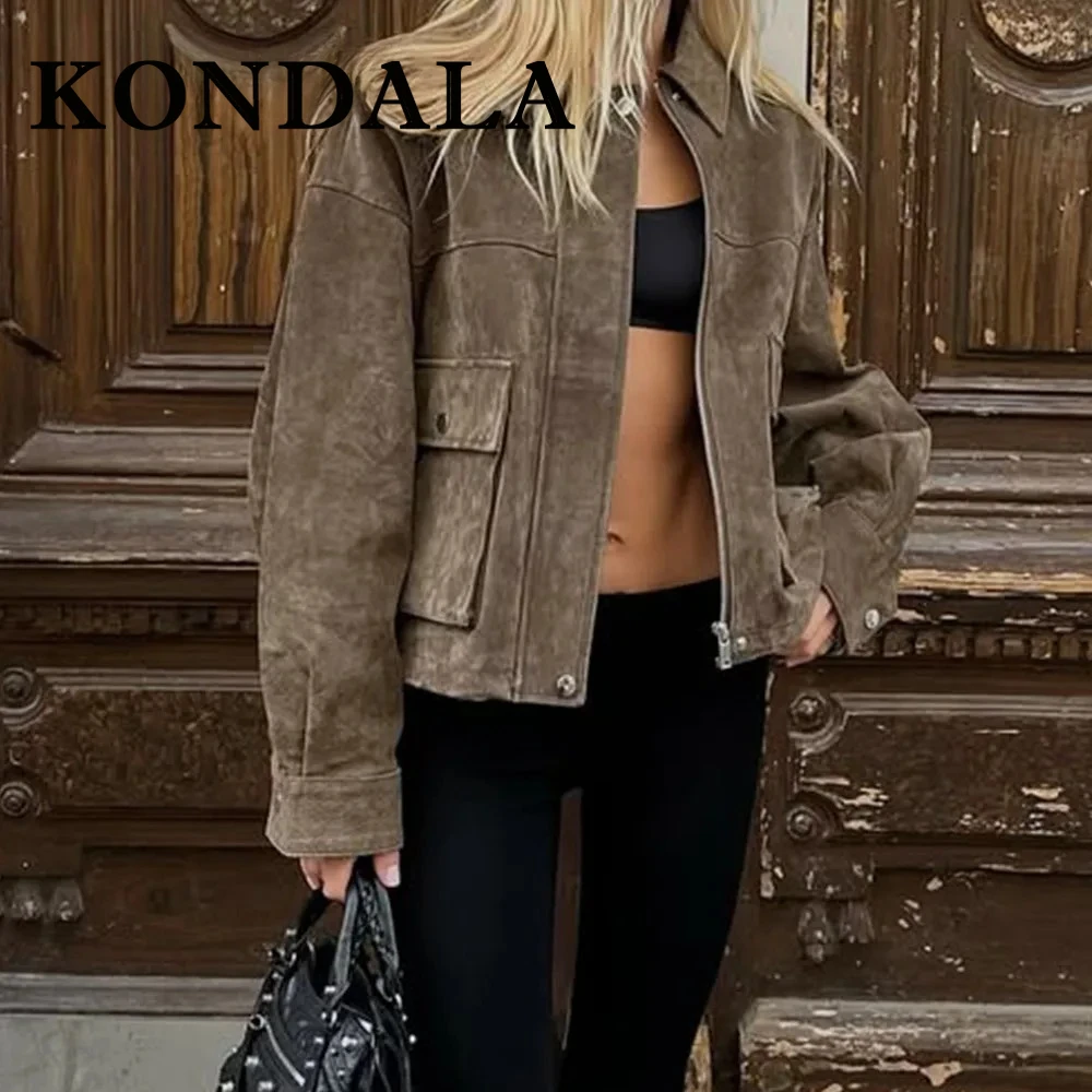 KONDALA Chic Streetwear Vintage Woman Short Jackets Fashion 2025 Pockets Long Sleeve Cool Club Mujer High Street Brown Outwear