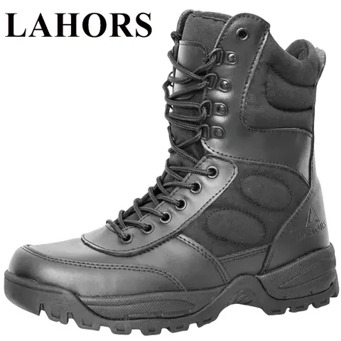 LAHORS 브랜드 경량 쇠가죽 채찍으로 치다 가죽 전술 부츠 남성 부츠 사막 전투 부츠 야외 하이킹 부츠 발목 신발 남성