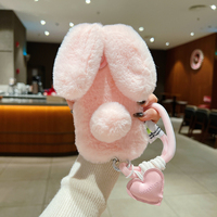 3D Cartoon Cute Soft Plush Rabbit With Lanyard Phone Case For iPhone 15 14 13 12 11 16 Pro Max Plus Furry Bunny Fur Hair Cover