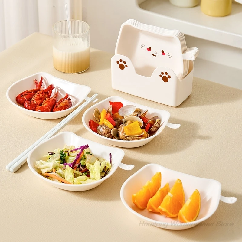 6PCS Cute Cartoon Bone Dish Set Food Grade PP Plastic Plates with Storage Holder Stackable Kitchen Multipurpose Fruit Snack Dish