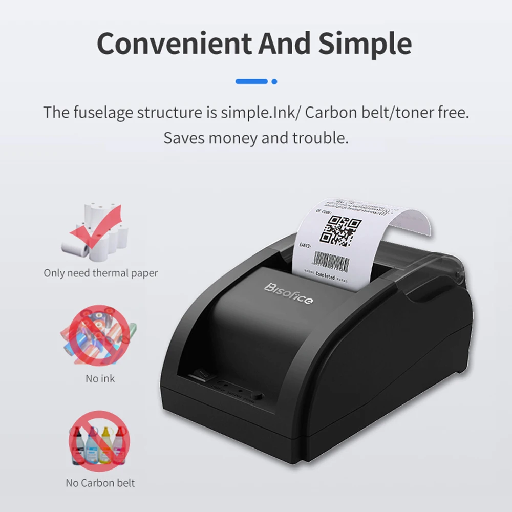 58mm Desktop Thermal Receipt Printer Wireless Barcode Printer USB BT Printer with 1 Roll Paper Inside Support ESC Command