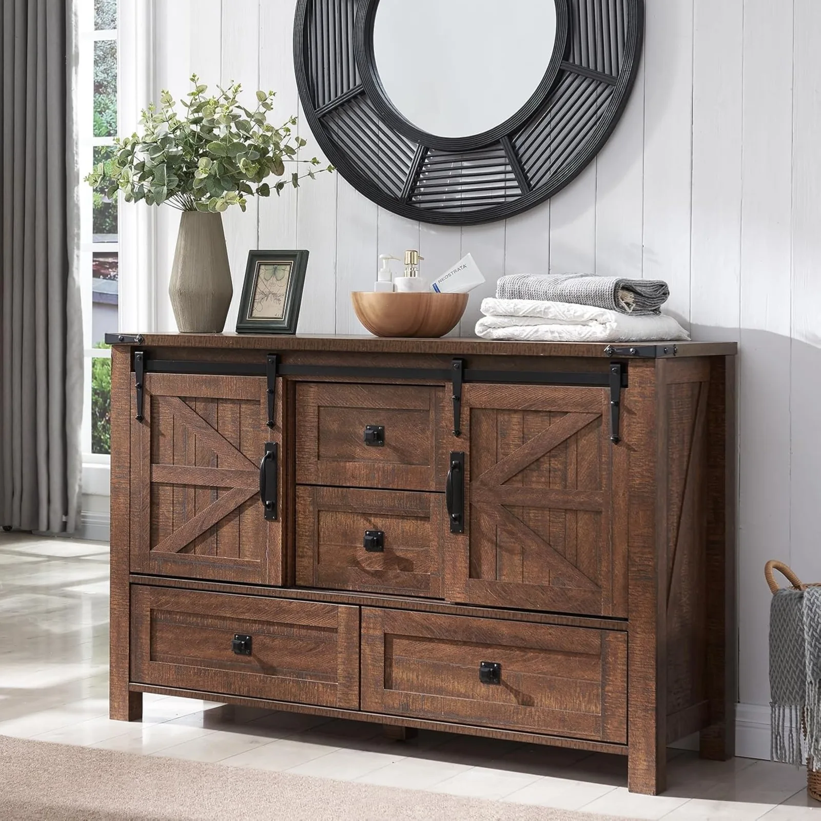 US 48'' Farmhouse Dresser for Bedroom w/4 Drawers & Sliding Barn Doors, Tall Chest of Drawers, Rustic Dresser TV