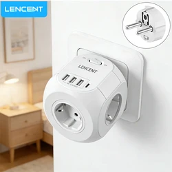 LENCENT EU Plug  Wall Socket Extender with 4 AC Outlets+USB-A +Type C 5V/3A Charger Adapter 8-in-1 Socket On/Off Switch