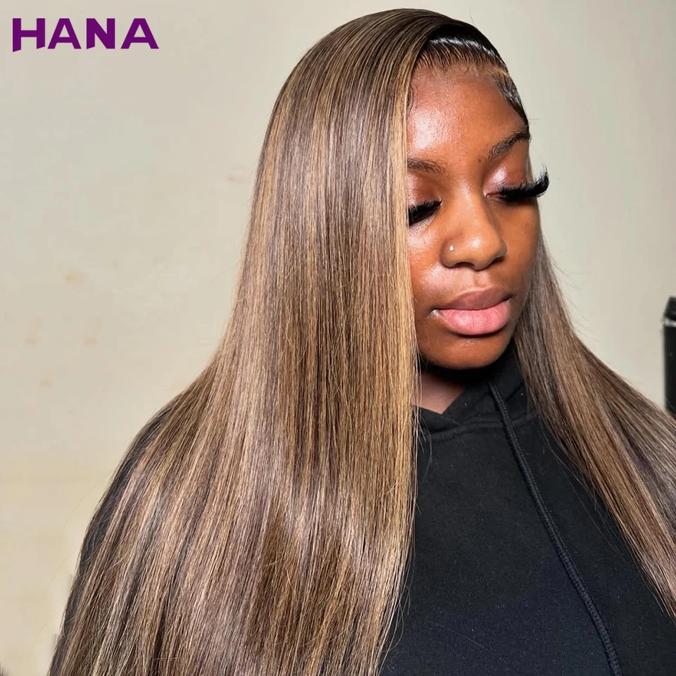 

Highlight Brown Blonde Color Transparent Lace Straight 13x4 Lace Frontal Wig Pre-Plucked Remy 5x7 Lace Closure Human Hair Wig