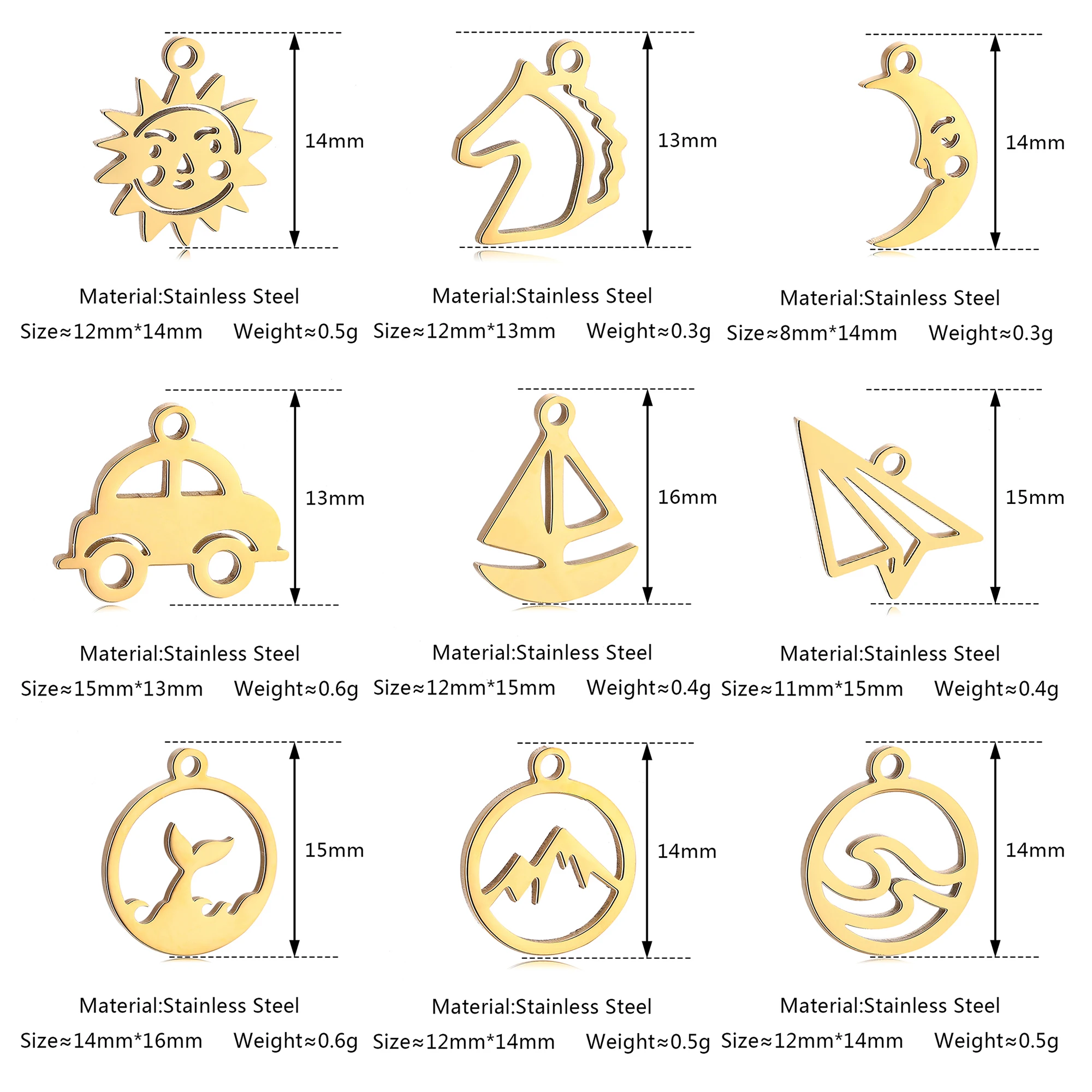 5pcs/Lot Lovely Sun Moon＆Mountain＆Sea＆Sailboat＆Car＆Fish Tail Charms For Jewelry Making Supplies DIY Necklace Earrings Bracelet