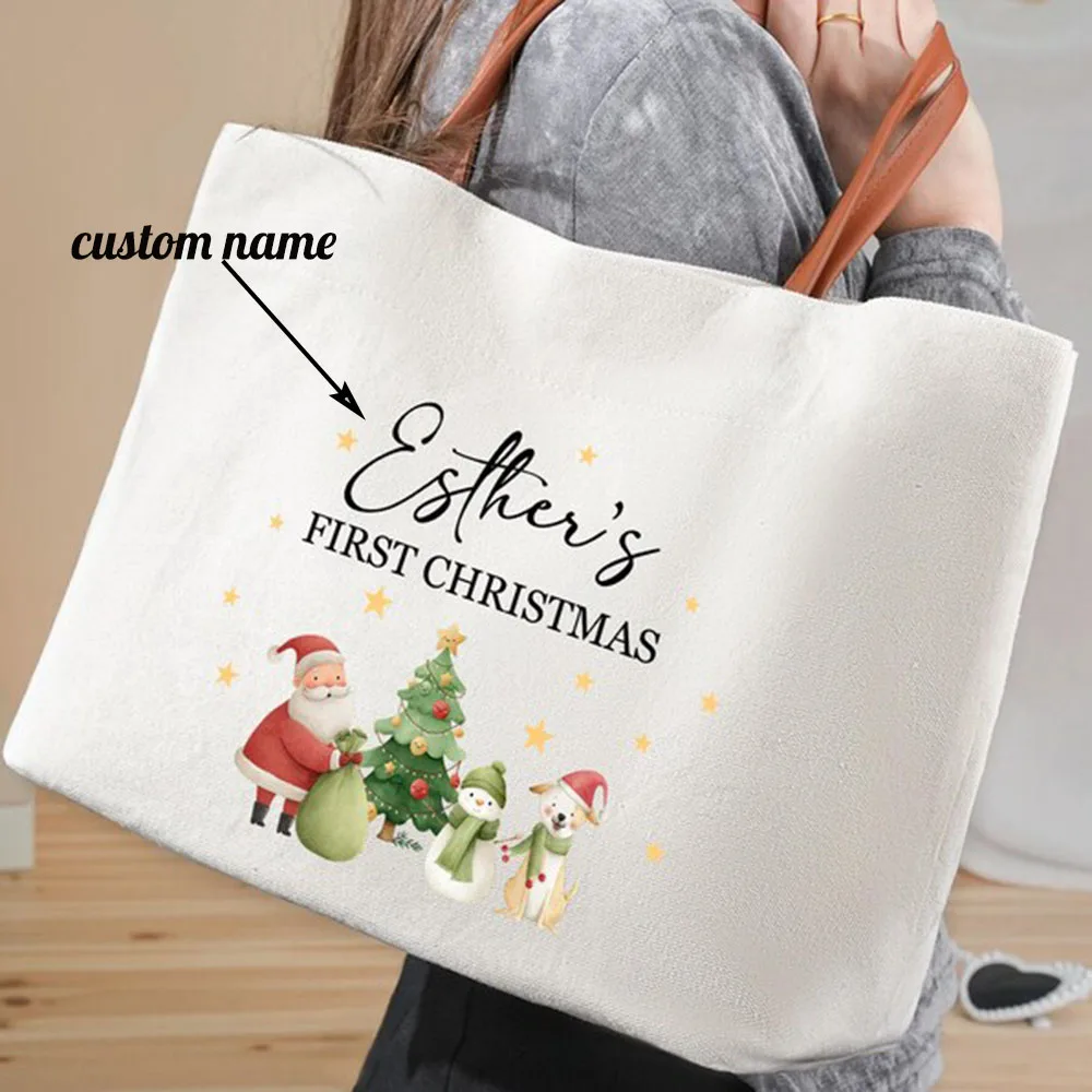 

Персонализированная рождественская большая сумка с индивидуальным именем, холщовая сумка с праздничным рождественским узором, многоразовая праздничная подарочная сумка для женщин, идеальный подарок