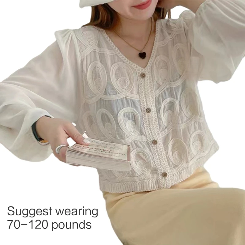 2024 Phụ Nữ Mới Sheer Voan Puff Dài Tay Áo Cardigan Rỗng Ra Móc Ren Miếng Dán Cường Lực Cổ Chữ V Nút Xuống Crop Top