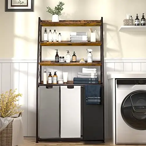 

Rustic Brown 3-Section 4-Tier Pull-Out Removable Large 3 X 15.87 Gallons Laundry Hamper for Home Laundry Room Furniture