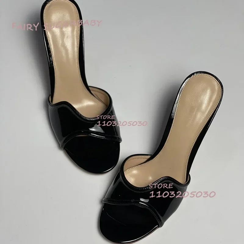 Wavy Patent Leather Black Low Heel Sandals Women Brown Leopard Print Slippers Open Light Casual Fashion Office Lady Concise Shoe