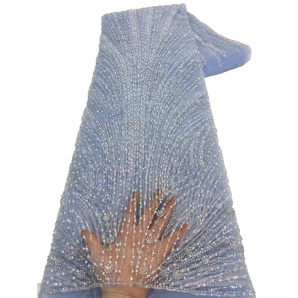 African Blue Beaded Lace Fabric Dubai High Quality Fabric 2025 Sequence Lace Fabric For Party Dresses With Rhinestones