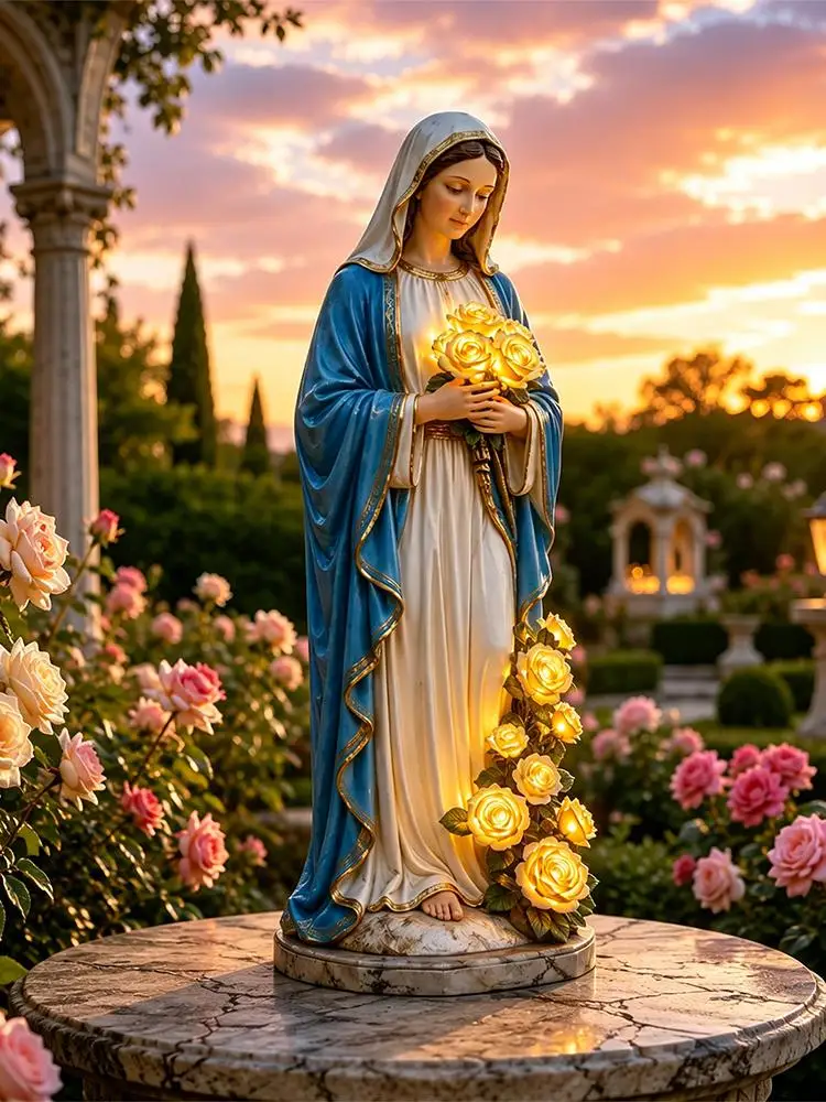 Gartenfigur der Jungfrau Maria mit Beleuchtung und Rosen, Religiöse Harzfigur, Handgefertigte Christliche Gartendekoration für Muttertagsgeschenke