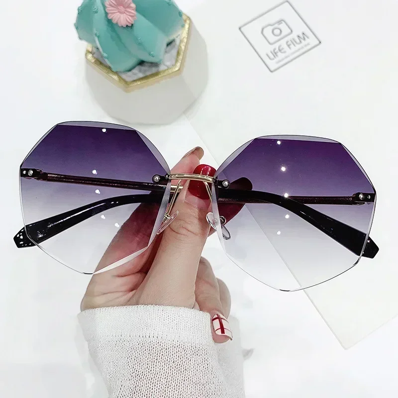 Gafas De sol sin montura De gran tamaño para mujer, lentes De diseñador De marca De lujo, moda femenina, Retro, gradiente