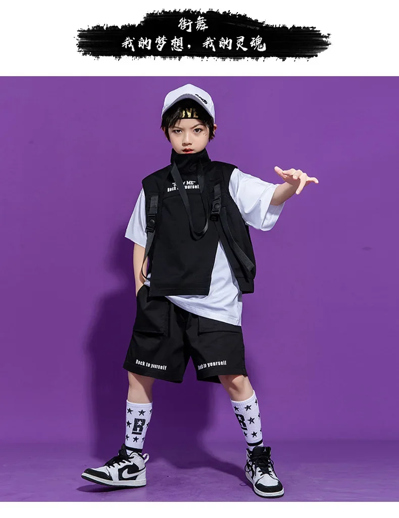 Kinder Hip-Hop-Kleidung, ärmelloses Jackenoberteil, T-Shirt, Streetwear, taktische Cargo-Jogginghose für Mädchen und Jungen, Tanzkostüm, Kleidung. – Detail 10