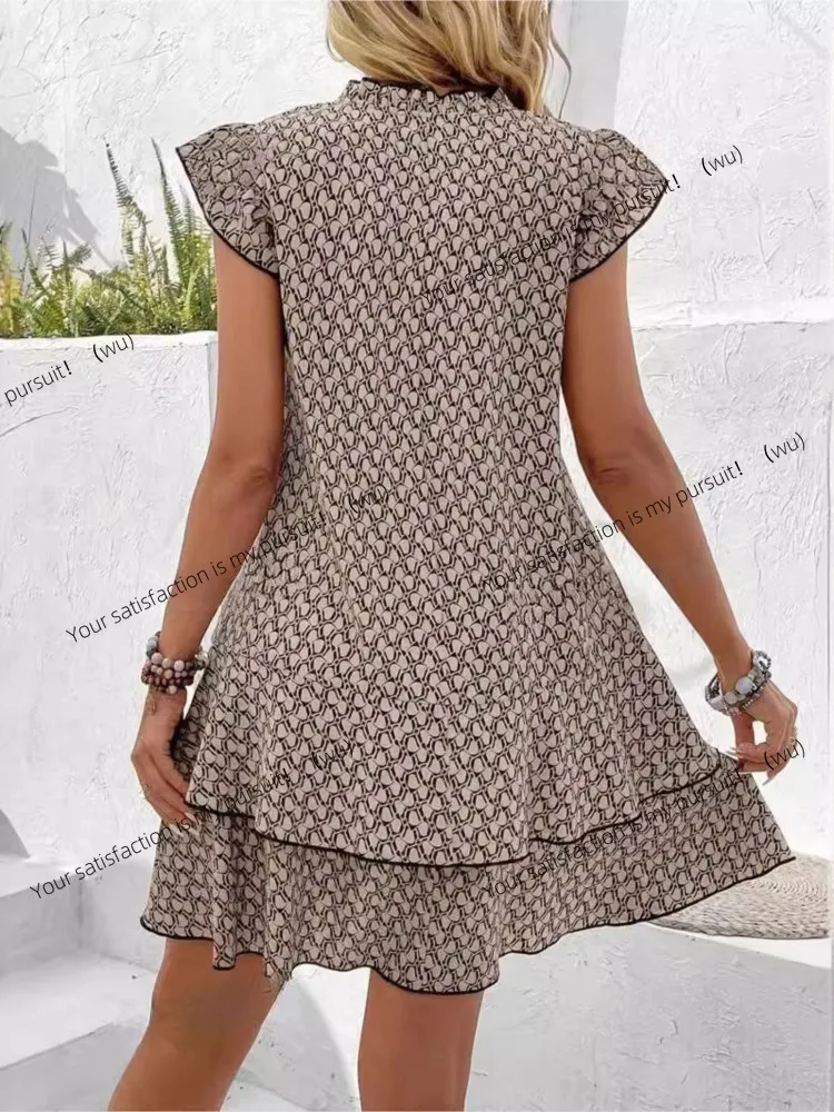 Sommer-Minikleid für Damen, Retro-Kleid mit V-Ausschnitt und Hornmuster, lange Ärmel, lockerer Saum