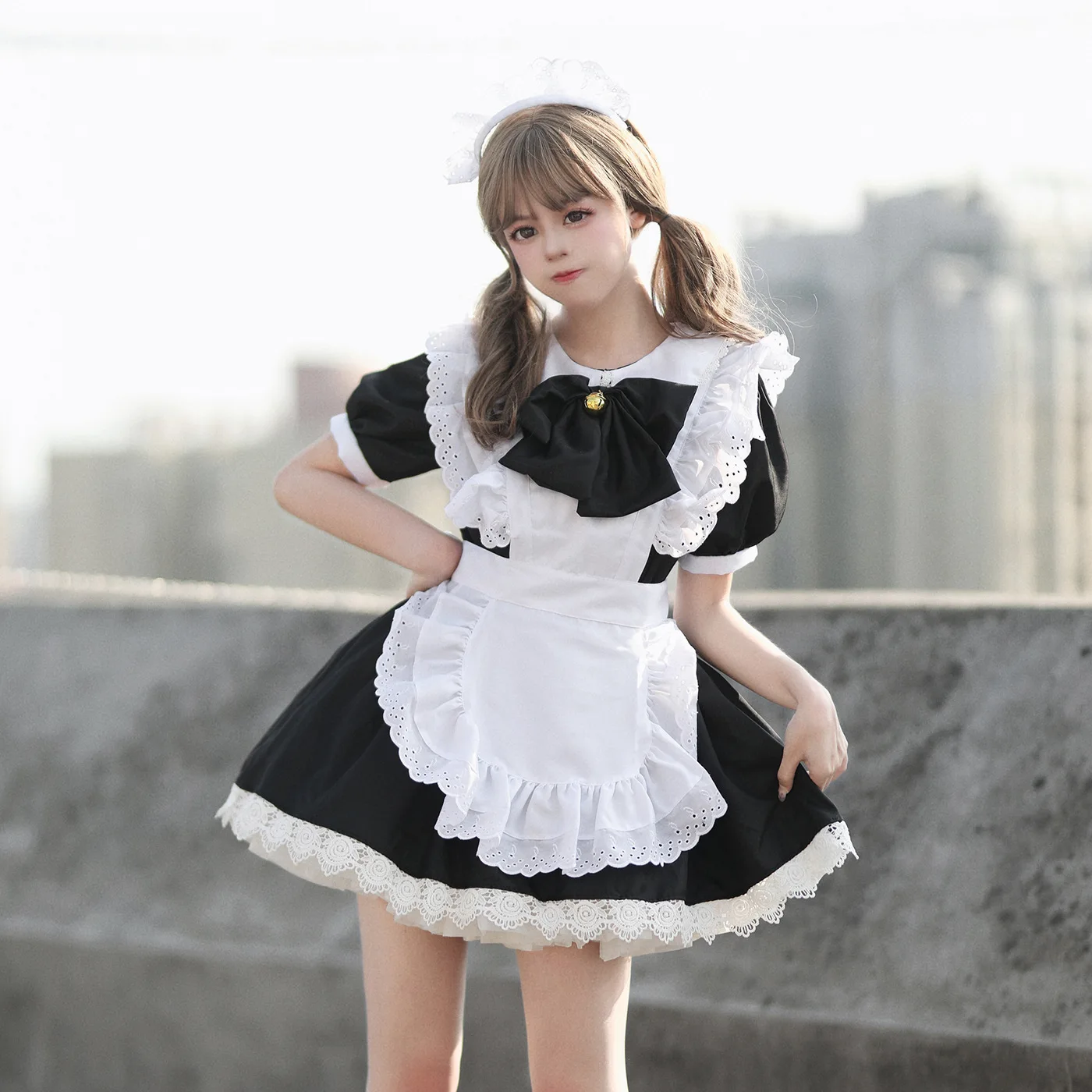 

Women Cute Japanese Lolita Cosplay Costume Classical Black and White Maid Dress Apron Uniform Kawaii Cafe Maid Skirt Bunny Dress