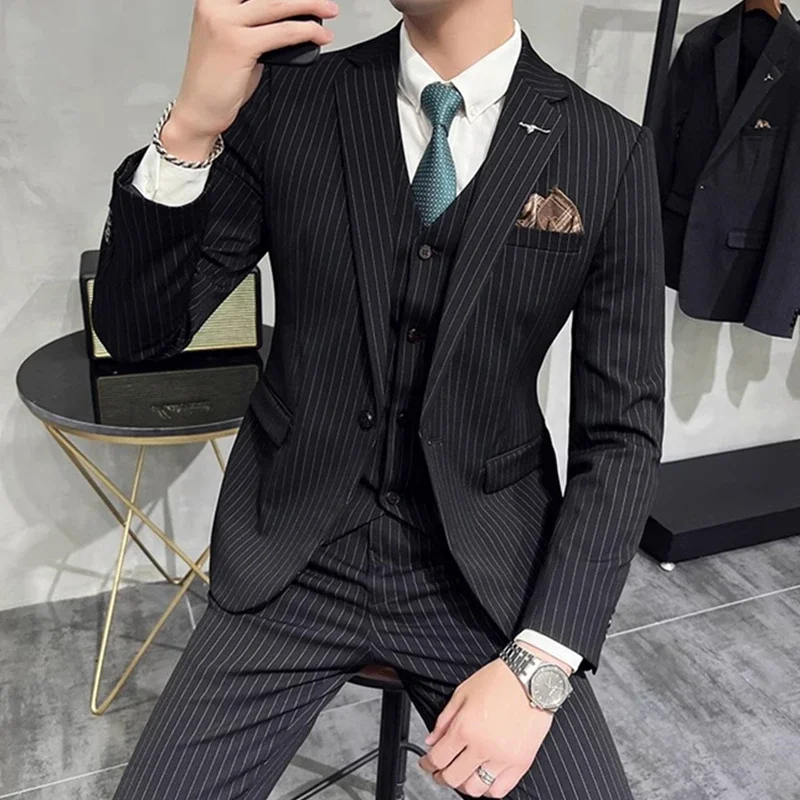 2023 Fashion New Men Casual Boutique Business Striped Slim Fit Wedding Dress Suit Coat Set Male 3 Pcs Blazers Jacket Pants Vest