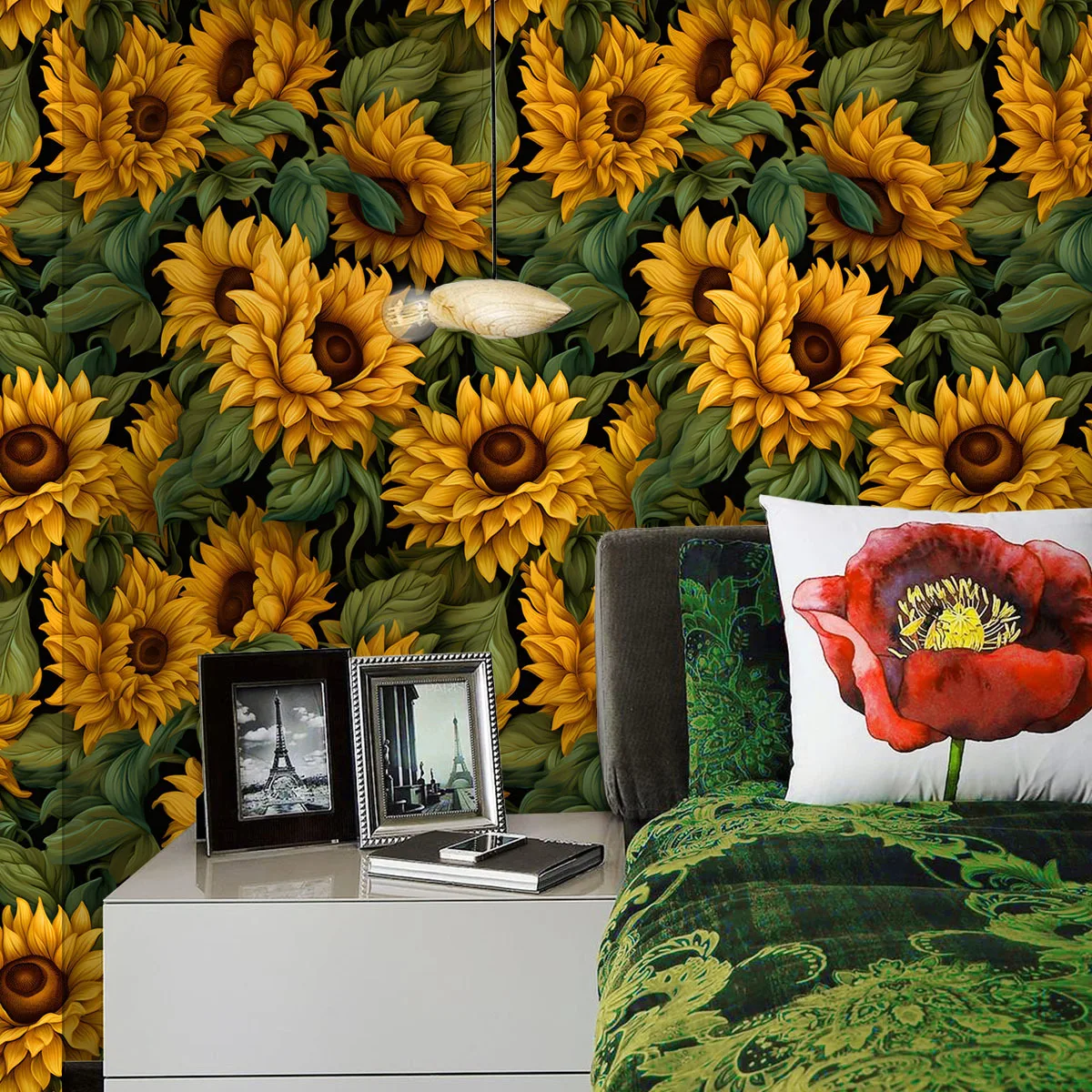 Yellow Sunflowers Green Leaf Wallpaper Self Adhesive Vintage Peel and Stick Removable Wall Paper for Bedroom Cabinet