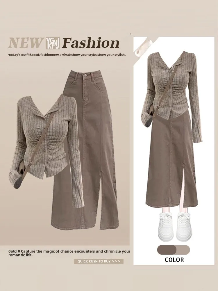 

Chic Knitted Open Cardigan And Denim Skirt Set for Women Autumn Winter Faion Casual Sle Long Sve V Ne Button up