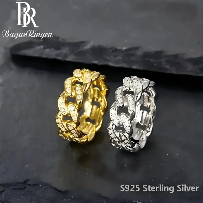 BR Hip-Hop S925 Sterling Silver Cuban Chain Ring for Women, Thin Perforated Moissanite Ring, Personalized Stackable Gift