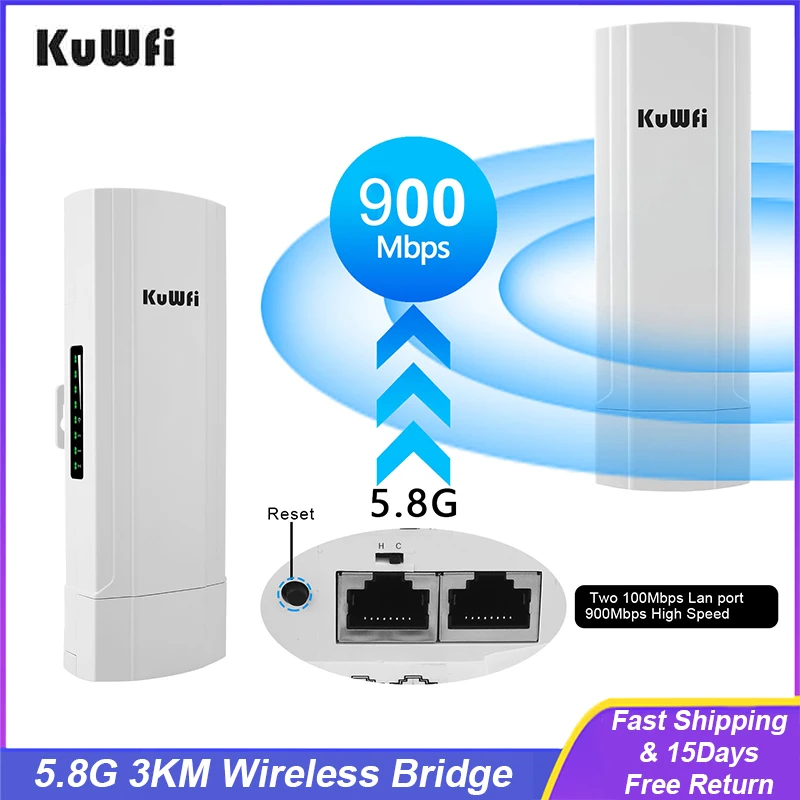 

KuWFi 5.8G WiFi Bridge 900Mbps 3KM PTP Access Wireless Outdoor CPE WiFi Extender 14dBi Antenna 2*100M LAN RJ45 Port 24V PoE