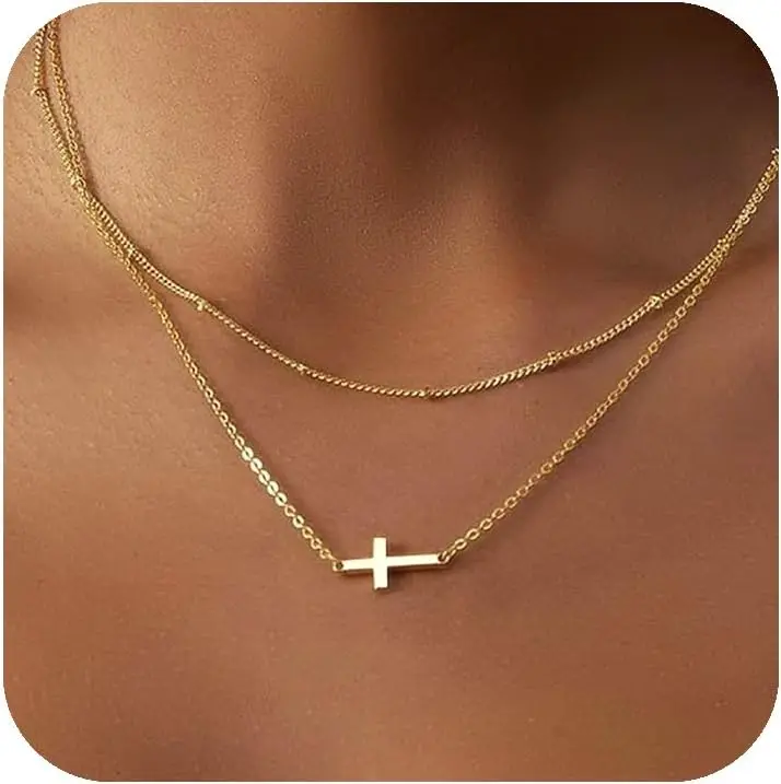 Cross Necklace 14K Real Gold Plated Layered Dainty Pendant Choker Cross Necklaces,Women Faith Jewelry Religious Minimalist Gifts