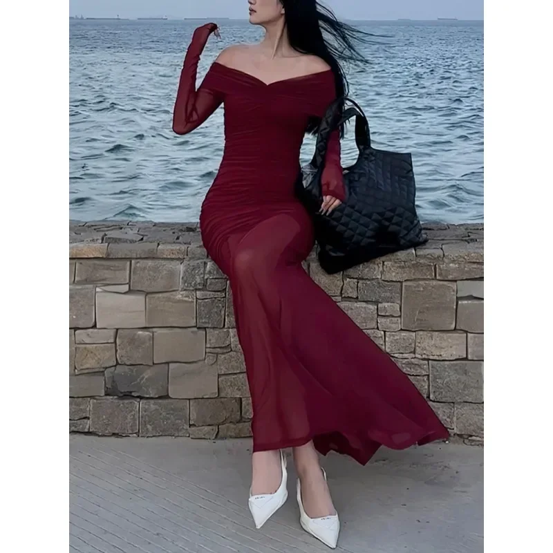 Abito da sera sexy con scollo a V increspato Abito da donna formale rosso retrò a maniche lunghe in rete trasparente a coda di pesce maxi lungo in un unico pezzo